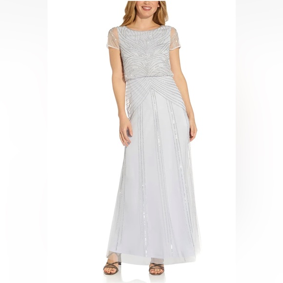 Adrianna Papell Beaded Blouson Gown In Serenity Gray Blue Color - NWT - Reemoly - Picture 1 of 16